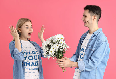 Round-Neck Tee Mockup Featuring a Man Surprising a Woman With Flowers