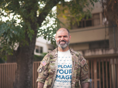 Mockup of a Happy Veteran Soldier Wearing a T-Shirt