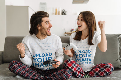 Sweatshirt and Tee Mockup Featuring a Joyful Couple with Gaming Controllers
