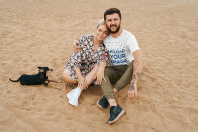 Round-Neck Tee Mockup of a Bearded Man with an Arm Tattoo Hugging His Girlfriend