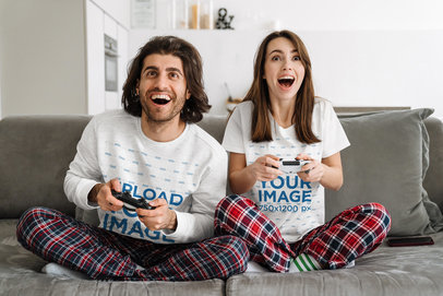 Heathered Sweatshirt and T-Shirt Mockup of a Happy Couple Playing Games