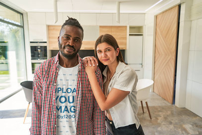 Round-Neck Tee Mockup of a Bearded Man Posing Next to His Girlfriend