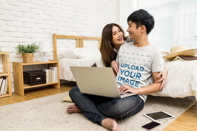 Heathered Tee Mockup of a Joyful Couple Hanging Out in Their Bedroom m19833 r-el2