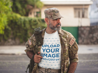Urban T-Shirt Mockup Featuring a Soldier in Army Gear
