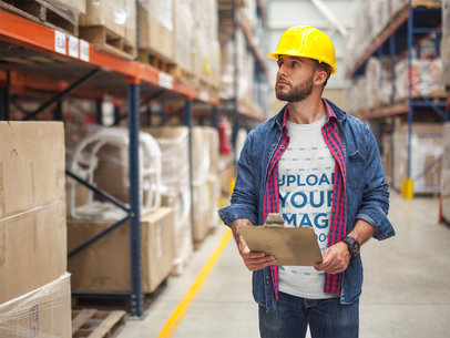 Worker Wearing a Tshirt Mockup Checking the Stock a20443