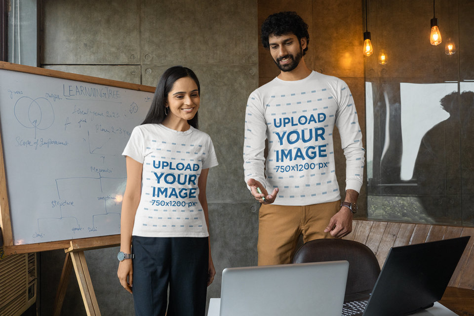 Bella Canvas Long Sleeve Tee and a Gildan T-Shirt Mockup of a Smiling Woman and a Man at Work