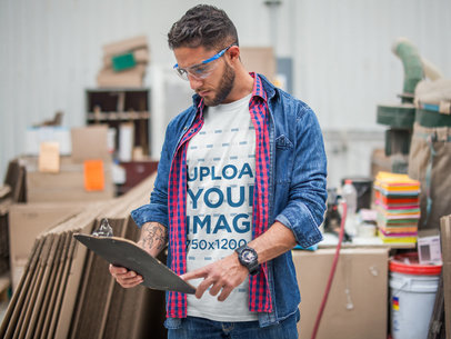 Manager Wearing a Tshirt Mockup and a Denim Jacket while Checking Stock a20442