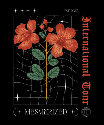 T-Shirt Design Template Featuring Illustrated Flowers with a Background Grid