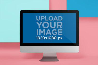 Front Shot of an iMac Mockup Standing Against the Corners of Two Squares a20677