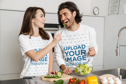 Heathered Sweatshirt and T-Shirt Mockup Featuring a Smiling Couple Eating Salad
