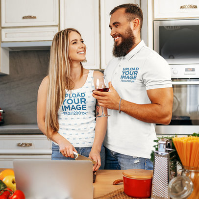 Tank Top and Polo Shirt Mockup of a Smiling Couple Cooking in Their Kitchen m13626 r-el2