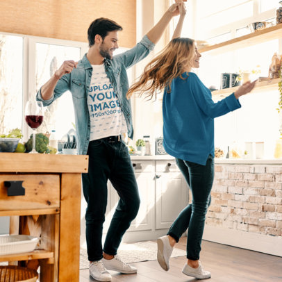 T-Shirt Mockup of a Happy Couple Dancing in the Kitchen