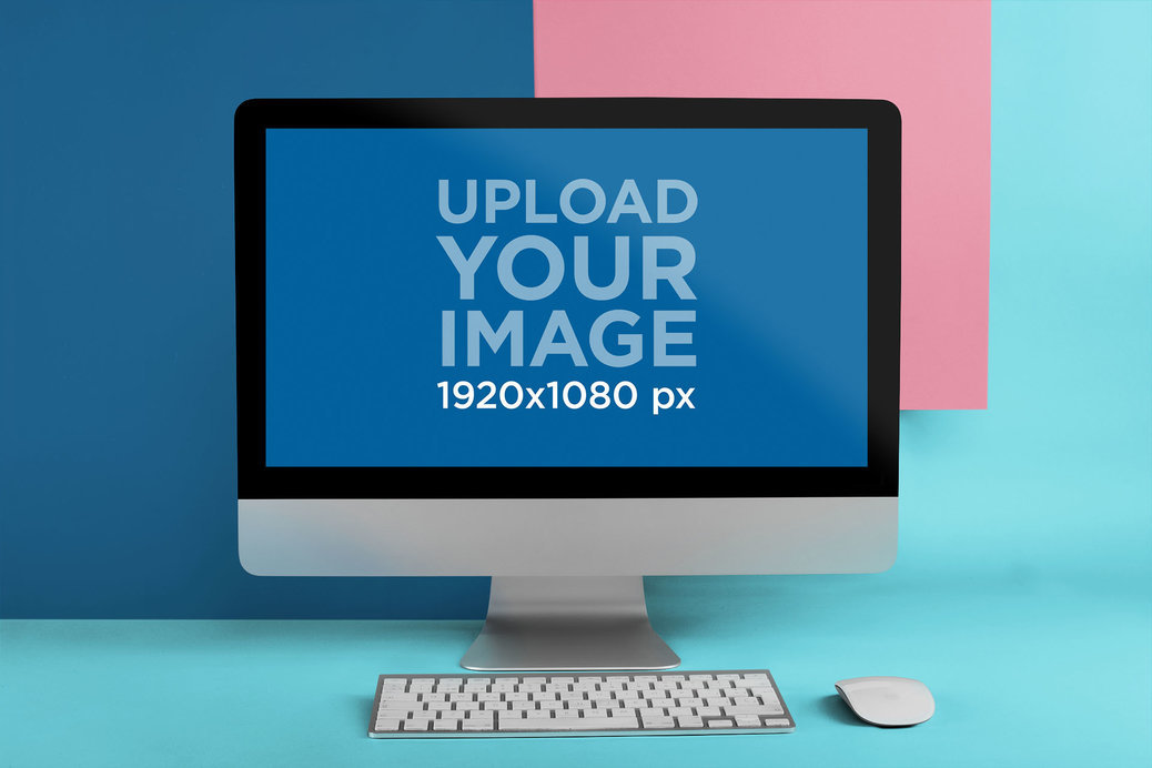 Creative Mockup of an iMac Standing with Keyboard and Mouse