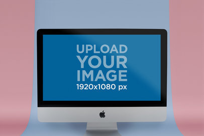 iMac Mockup Standing in a Triple Colored Curved Surface a20681