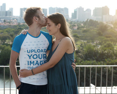 Round-Neck Tee Mockup Featuring a Man Kissing His Partner on Her Forehead m31636 r-el2