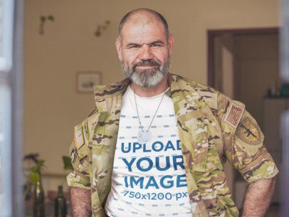 T-Shirt Mockup Featuring a Veteran Wearing Uniform