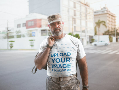 Mockup of a Veteran Soldier Wearing a T-Shirt During the Afternoon
