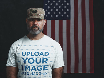 Mockup of a Veteran Soldier Wearing a T-Shirt with the American Flag