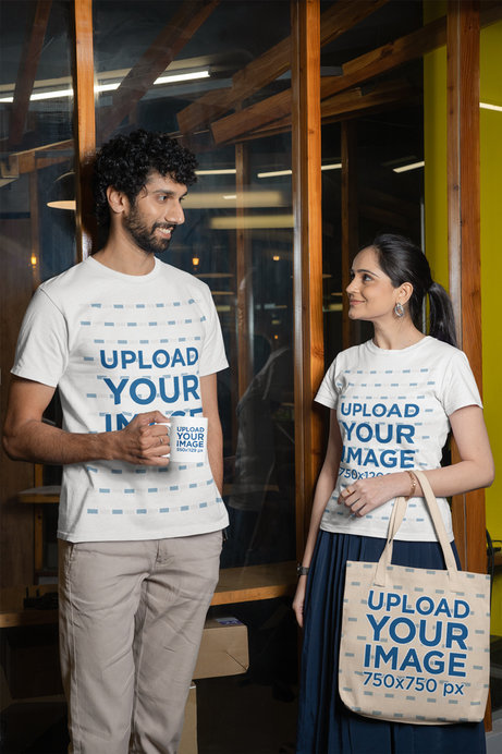 Coffee Mug and Tote Bag Mockup of a Man and a Woman Wearing Gildan T-Shirts