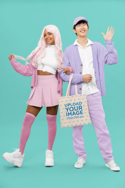 Sublimated Tote Bag Mockup Featuring a Happy Man and Woman With a Kawaii Style