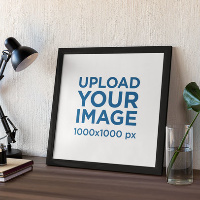 Art Print Mockup Featuring a Wooden Desk and a Lamp m31570