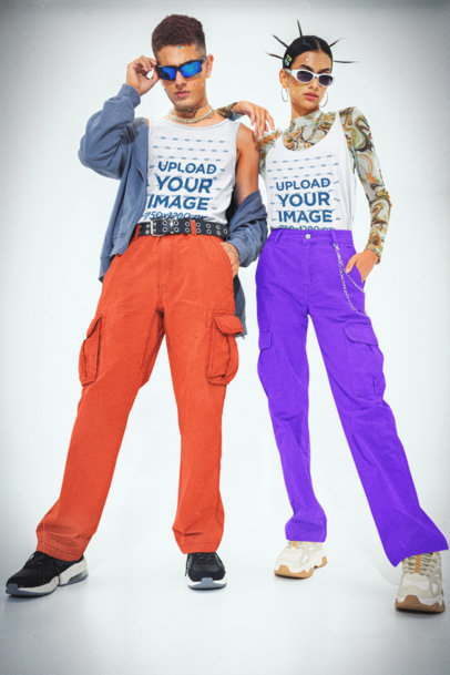 Bella Canvas Tank Top Mockup of a Man and a Woman in Y2K-Inspired Outfits