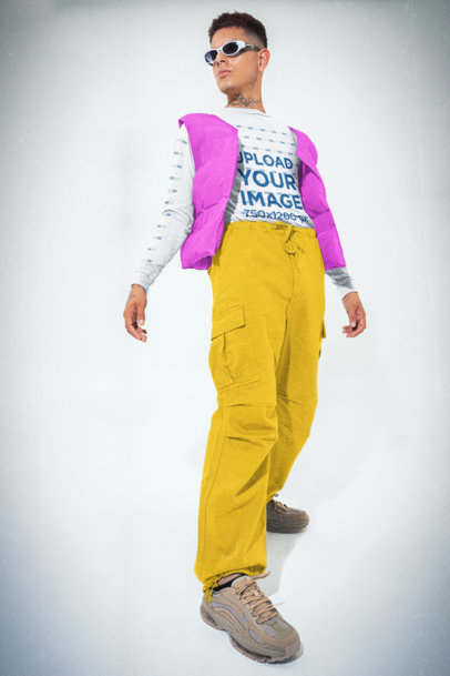 Y2K-Themed Mockup Featuring a Tattooed Man Wearing a Bella Canvas Long-Sleeve Tee