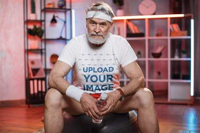 Crewneck Tee Mockup Featuring an Elderly Man in Activewear