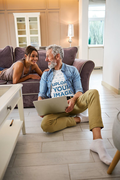 T-Shirt Mockup of a Bearded Man Sitting on the Floor at Home m11802 r-el2