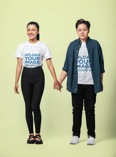 Round-Neck T-Shirt Mockup Featuring a Happy LGBT Couple Holding Hands