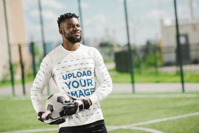 Long-Sleeve Tee Mockup Featuring Happy Man Posing in a Soccer Field m31421 r-el2