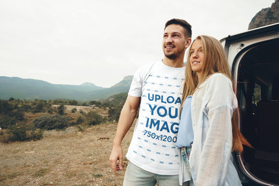 Round-Neck T-Shirt Mockup Featuring a Happy Bearded Man With His Girlfriend