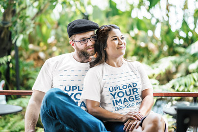 Crewneck Tee Mockup of a Couple of Adults Posing at a Garden
