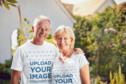 T-Shirt Mockup Featuring a Smiling Senior Couple Hugging Each Other