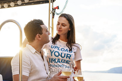 Round-Neck T-Shirt Mockup Featuring a Woman Smiling to His Partner