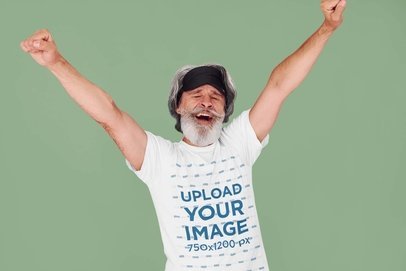 Crewneck Tee Mockup of a Senior Man Waking Up and Stretching His Arms