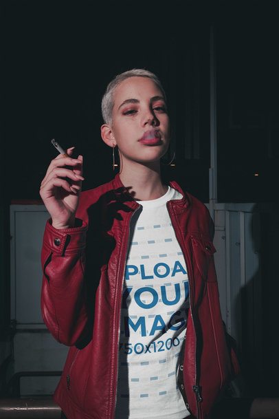 Night Shot of a Short-Haired Woman Wearing a T-Shirt Mockup While Smoking