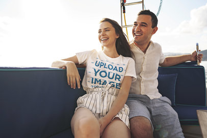T-Shirt Mockup of a Cheerful Woman Hanging Out With His Partner