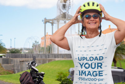 Round-Neck Tee Mockup of a Senior Woman with Sunglasses and a Helmet m18271 r-el2