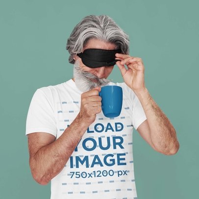 T-Shirt Mockup of a Bearded Senior Man Drinking Coffee