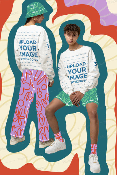 Sweatshirt Mockup of a Man and Woman Posing With Serious Looks Against an Illustrated Background