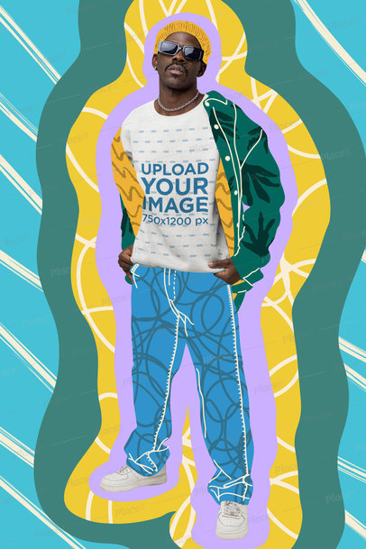 Crewneck Sweatshirt Mockup of a Man Posing With a Serious Look Featuring a Doodle Backdrop