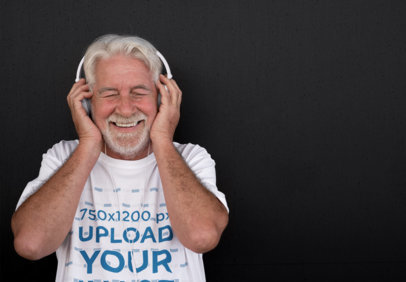 T-Shirt Mockup of a Smiling Elderly Man with Headphones  m18767 r-el2