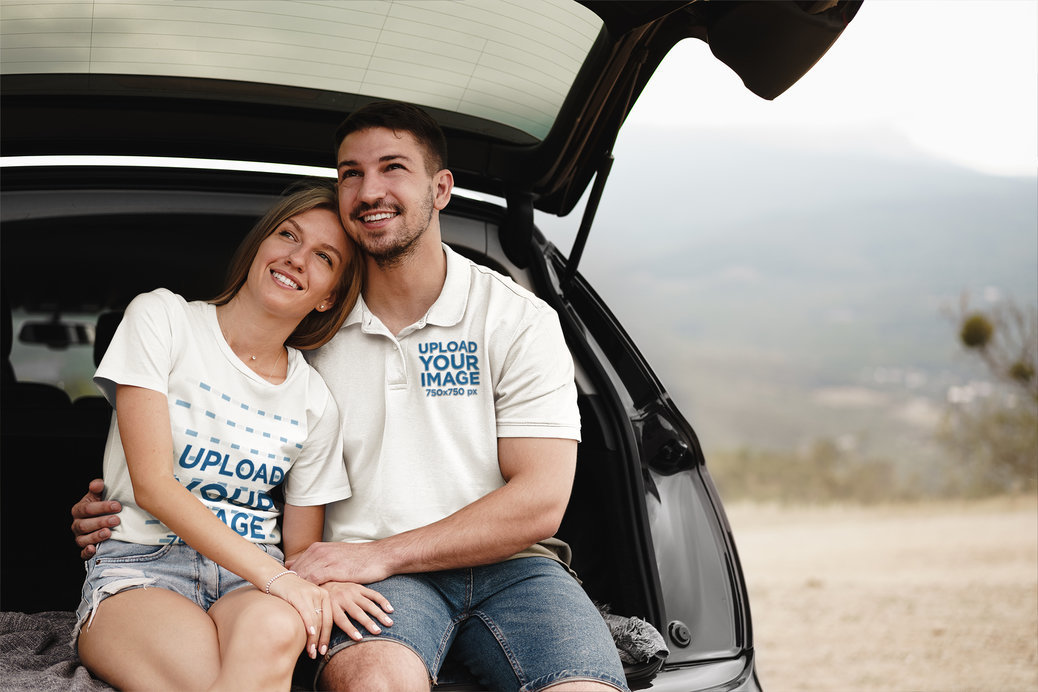 Polo Shirt and T-Shirt Mockup of a Happy Couple Sitting in a Car Trunk
