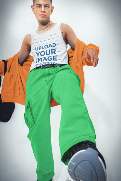 Gildan Tank Top Mockup of a Man in a Y2K-Aesthetic Outfit