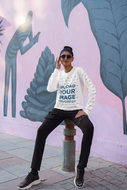 Crewneck Sweatshirt Mockup Featuring a Woman Posing with Sunglasses