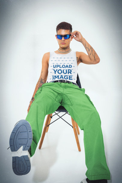 Gildan Tank Top Mockup of a Serious Tattooed Man in a Y2K Style