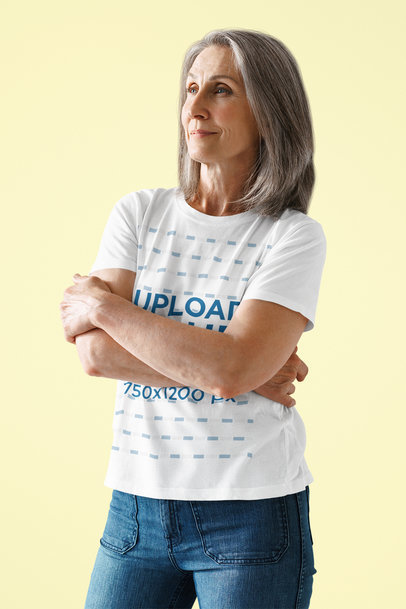 Round-Neck Tee Mockup of a Senior Woman with Crossed Arms