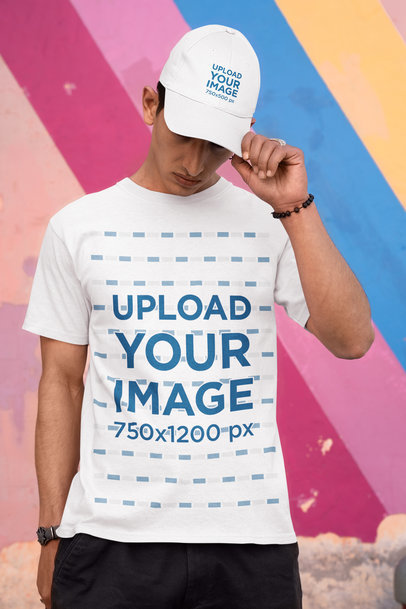 Round-Neck Gildan Tee Mockup of a Young Man Wearing a Dad Hat m31905
