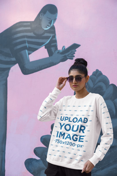 Round-Neck Sweatshirt Mockup Featuring a Young Woman with Sunglasses